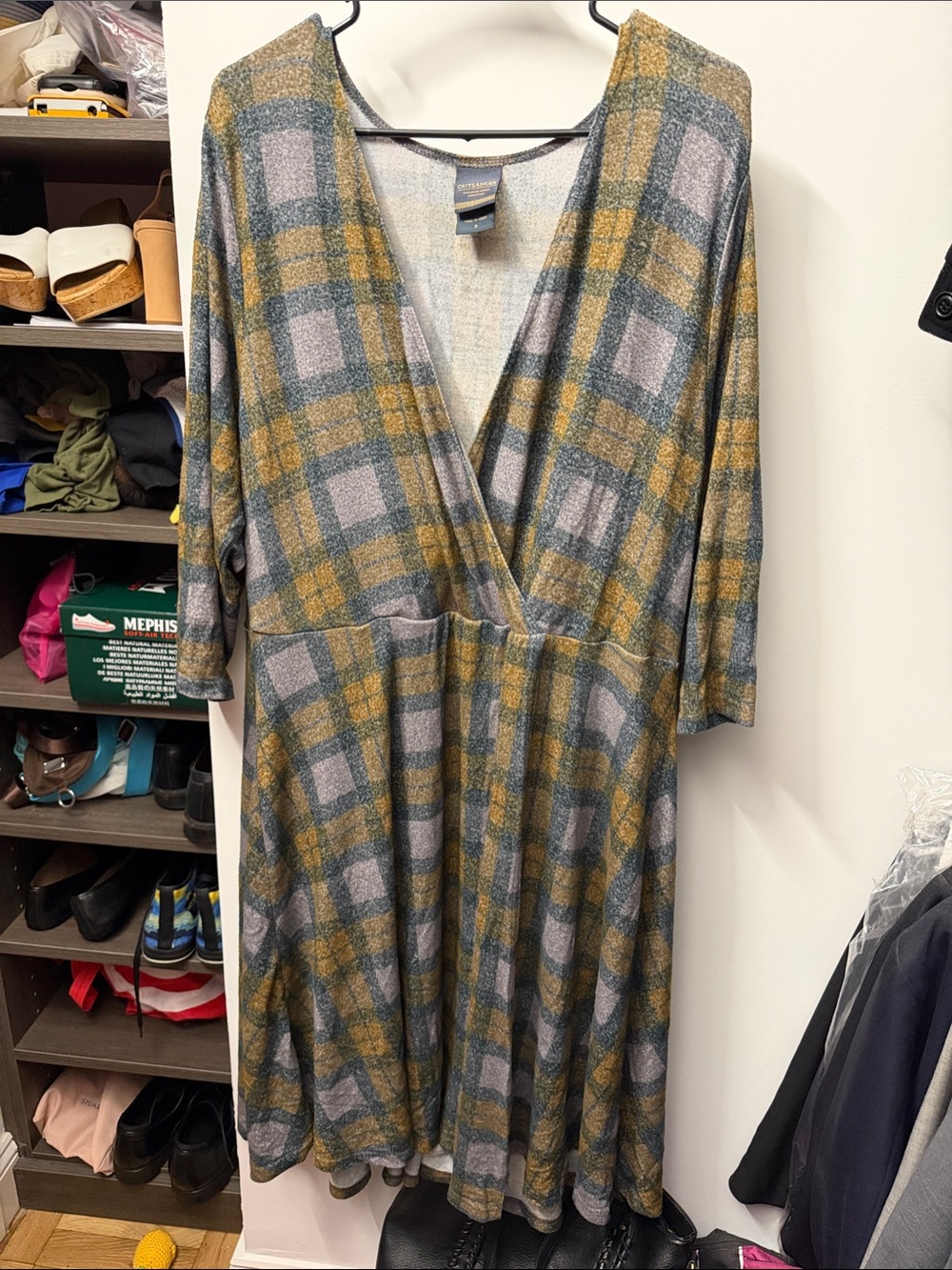 Plaid Wrap-Style Long Sleeve Dress in Mustard & Gray